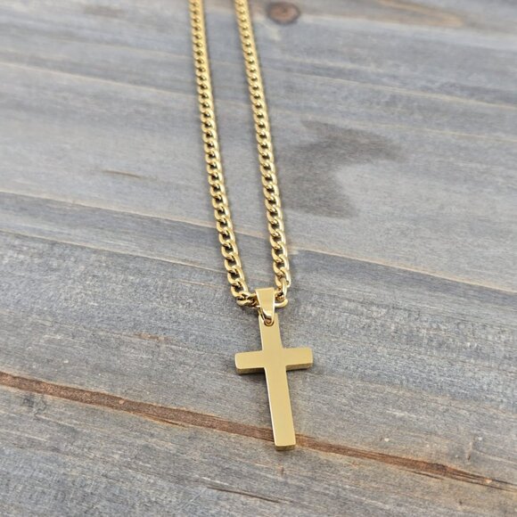 14K Gold Plated Cross and 3.5mm 14K Gold Plated Curb Chain - Picture 2 of 5